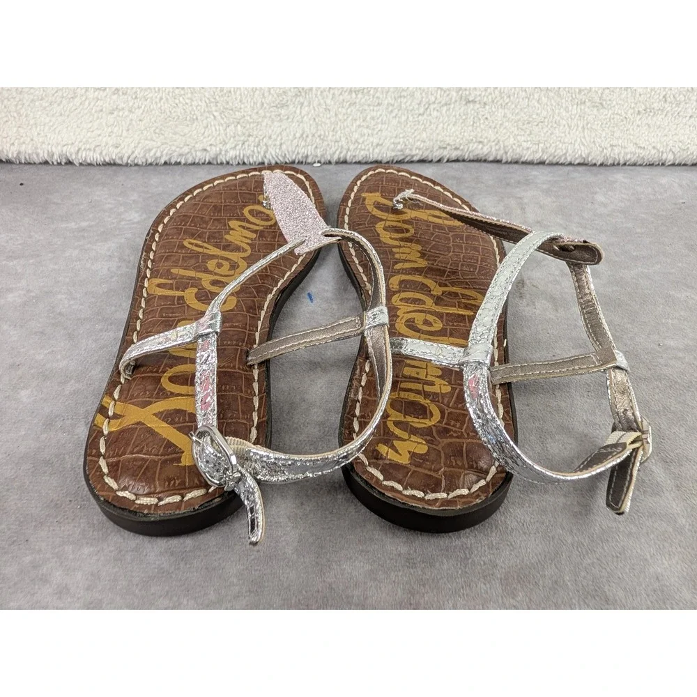 Sam Edelman Gigi Mini Lilac Glitter Silver Metallic T-Strap Sandals 4 Big Kid